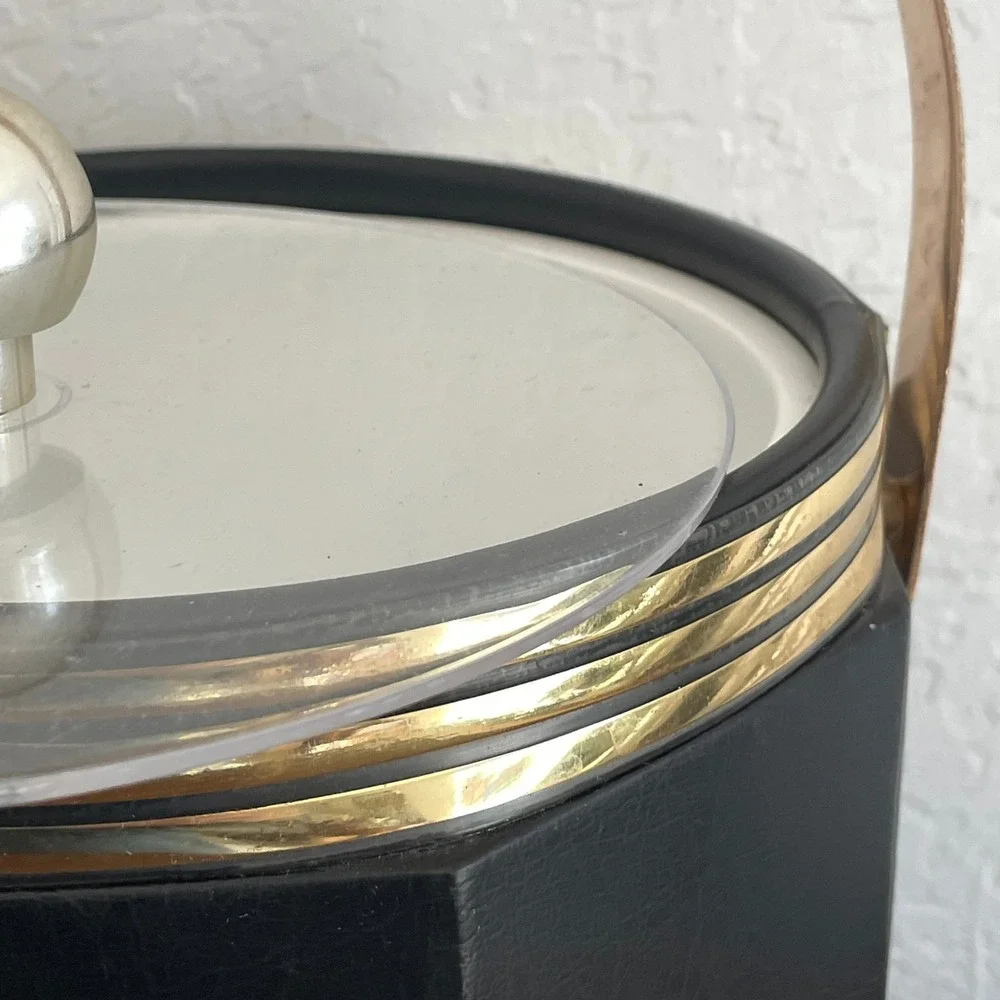 Vintage Barware‎ Ice Bucket Gold Black MCM Bar Cart Lid Handle Party Taiwan